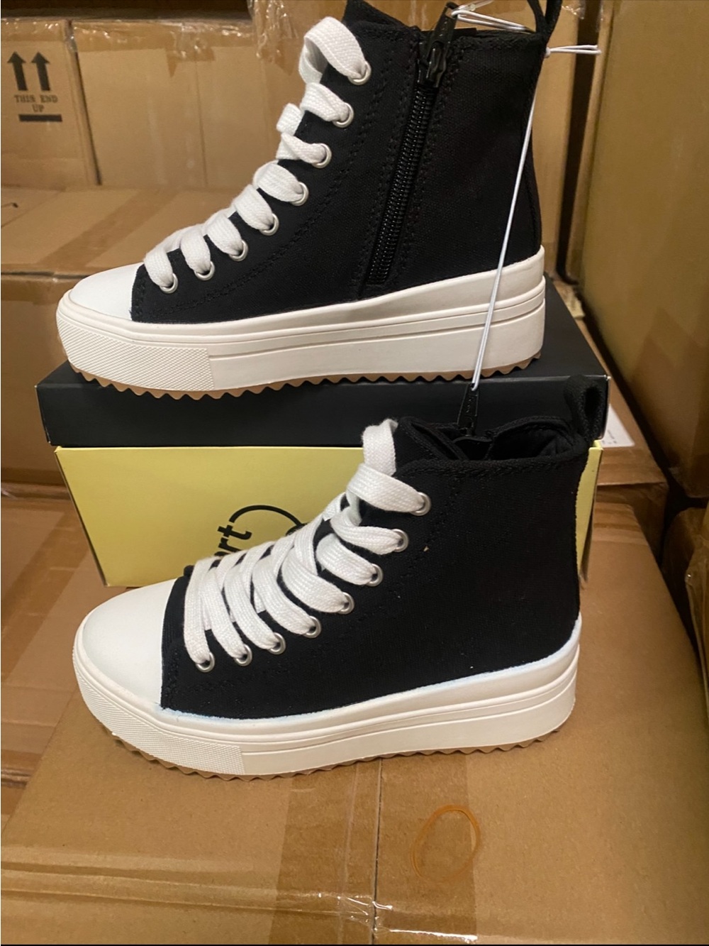Black High-Top Platform Sneakers with White Accents - kids